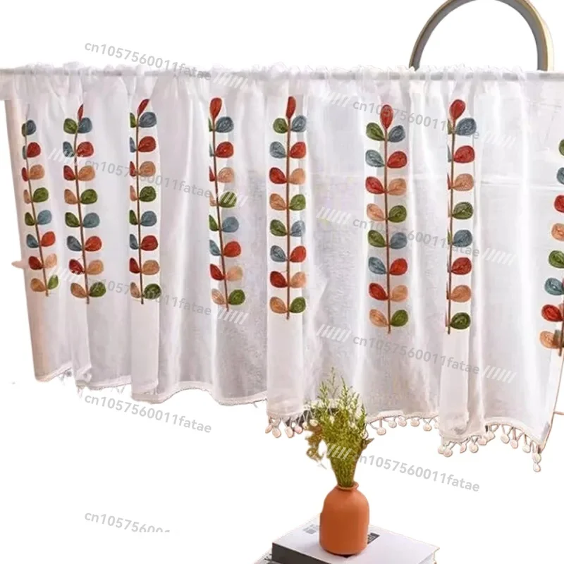 

Short Curtains Colorful Leaves for Kitchen Door Cabinet Decor Drapes Cafe Tulle Window Treatments Kitchen Curtains