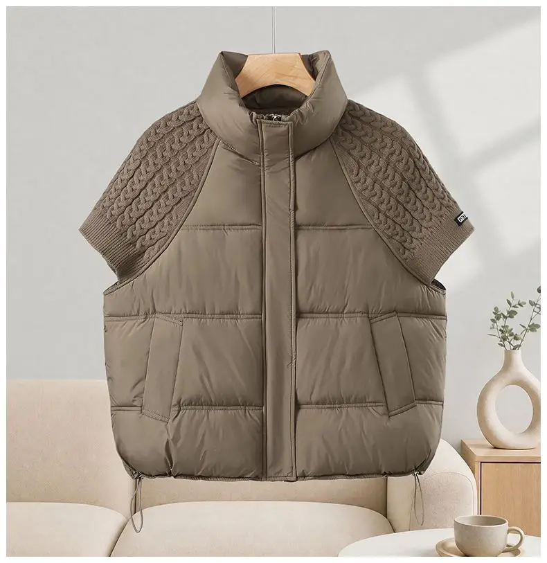 Knitted Spliced Vest Women Stand Collar Short Sleeve Cotton Warm Waistcoat High Collar Puffer Vest Loose Warm Sleeveless Coat