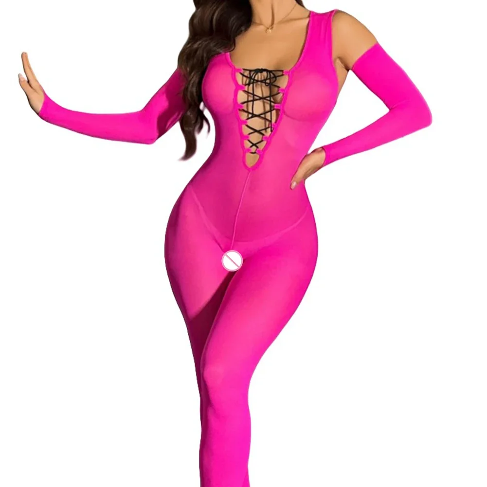 Womens Sexy Lingerie Crotchless Jumpsuit Oily Shiny Sleeve Stockings Female Lace Up Sheer Bodysuit Elastic Bodycon Underwear