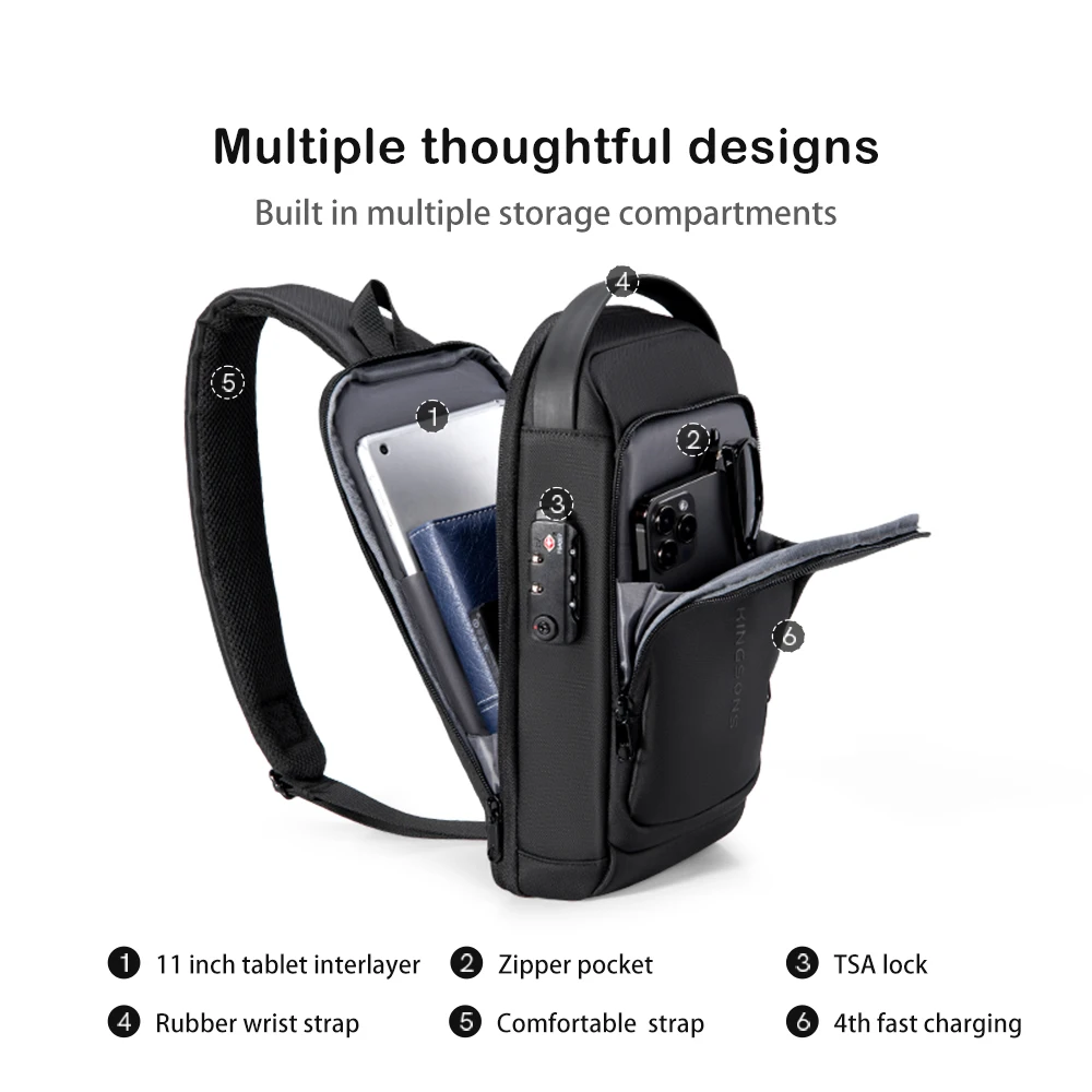 Kingsons Men\'s Chest Bags Crossbody Shoulder Bag Backpack with USB Charging Earphones Cable Hole Men Travel Messenger Bag Chest