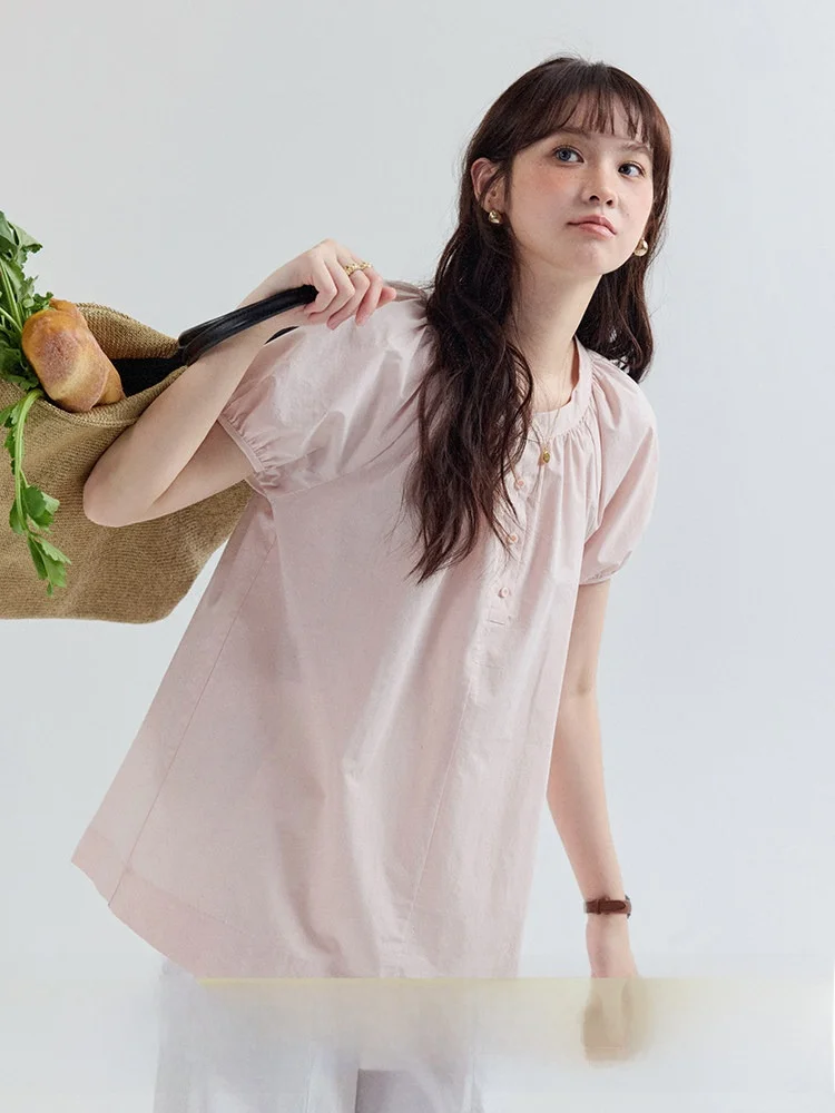 

AMUU Original Pink Bubble Sleeve Cotton Shirt Women's Summer New Style Pleated round Neck Top Breathable Comfortable Korean S...