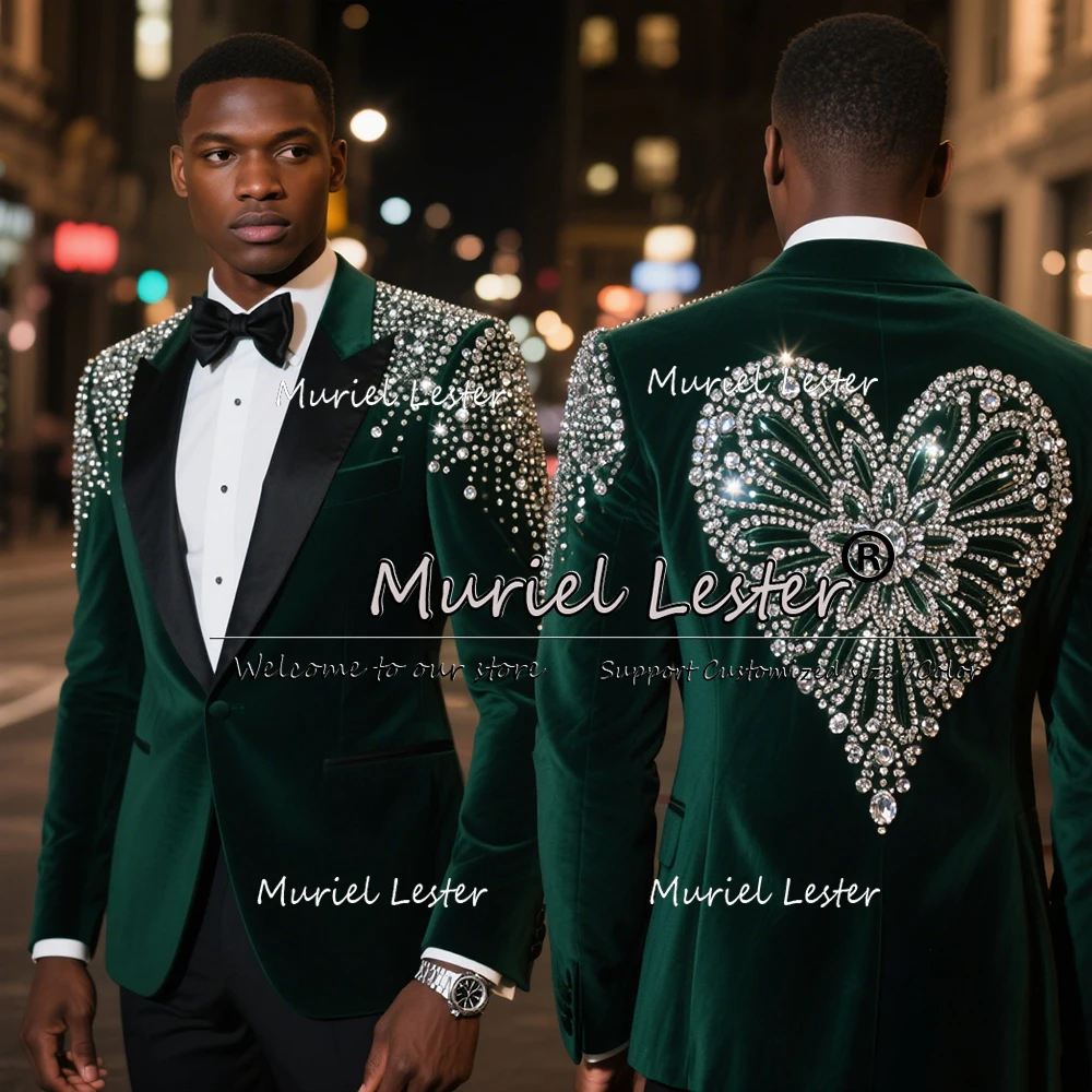 

Exquisite Jewelry Stones Suits Men 2 Pieces Sets Black Lapel Velvet Costume Homme Groom Blazers Customized Wedding Tuxedos 2026