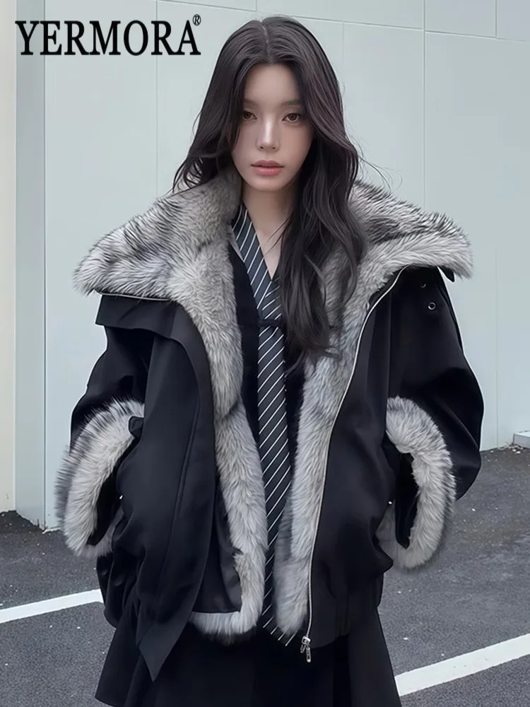 YERMORA Black Plush Zipper Pocket Warm Casual Jacket For Women Lapel Long Sleeve Loose New Coat Fashoin Tide Autumn Winter 2026