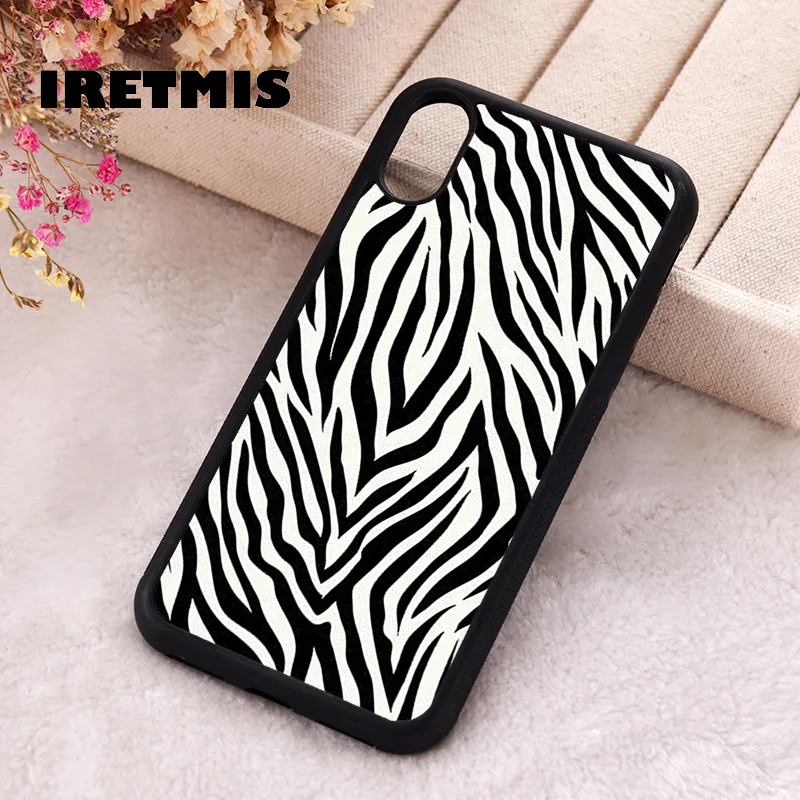 Iretmis Phone Cover Case For iPhone X XS Max XR 11 12 13 PRO MINI 14 15 16 Plus Rubber Silicone Black and White Zebra Print