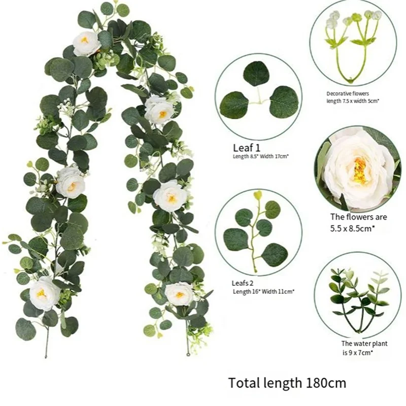 ABAE-2X Eucalyptus Garland And Flower Hanging Artificial Eucalyptus Leaf Greenery For Wedding Backdrop Arch