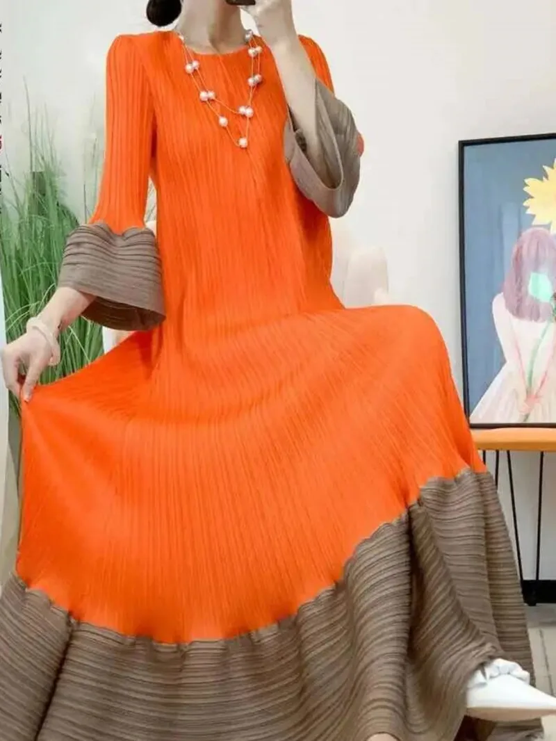 

Dress Maxi Pleated Women Patchwork Color Block Lantern Sleeves Ruffles Hem Fashion Dresses Female Party Clothes 2E1D8