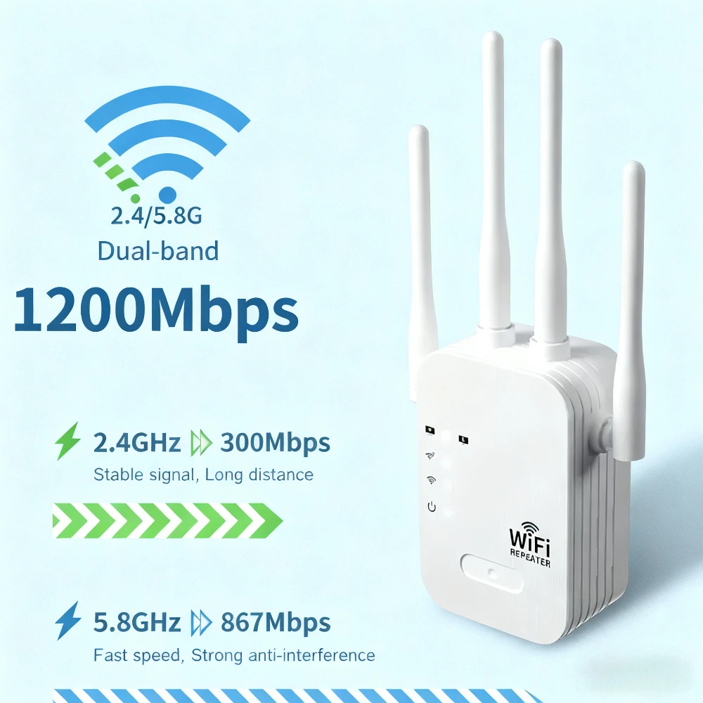 

Двухдиапазонный высокоскоростной повторитель Wi-Fi 5 ГГц, маршрутизатор 1200 Мбит/с, усилитель сильного сигнала 2,4G/5 ГГц, усилитель удлинителя сетевого расширения дальнего действия