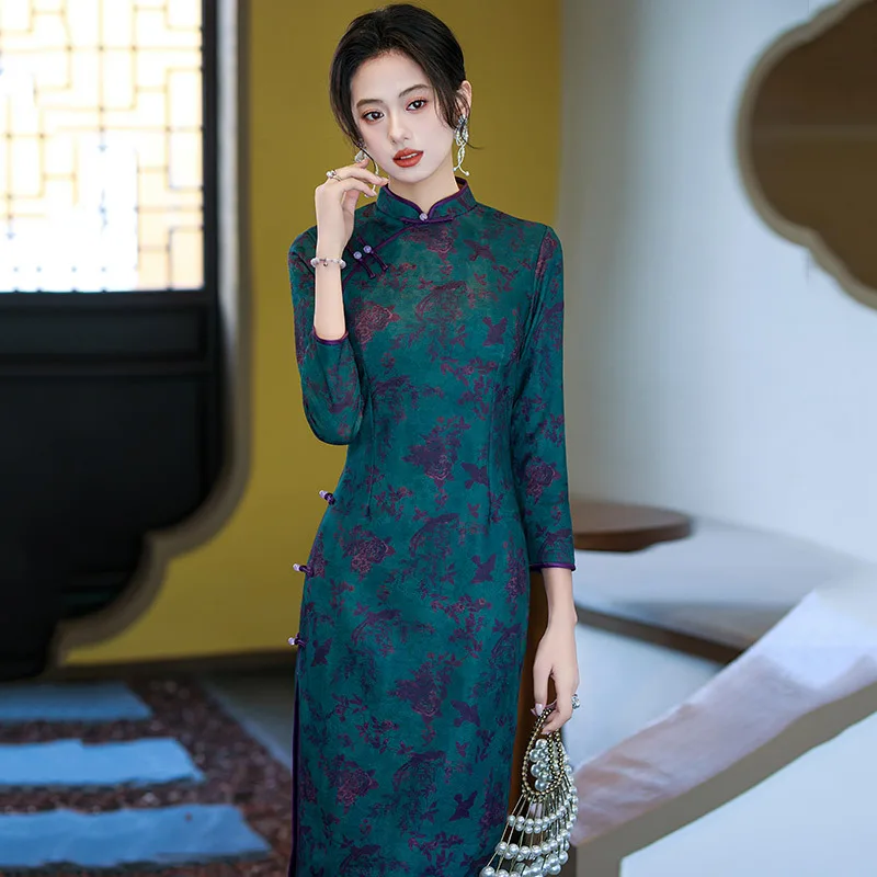 Yourqipao Autumn Blue Cheongsam Modified Retro Slim Fit Mother Traditional Clothing Chinese Style Evening Dress Qipao for Women