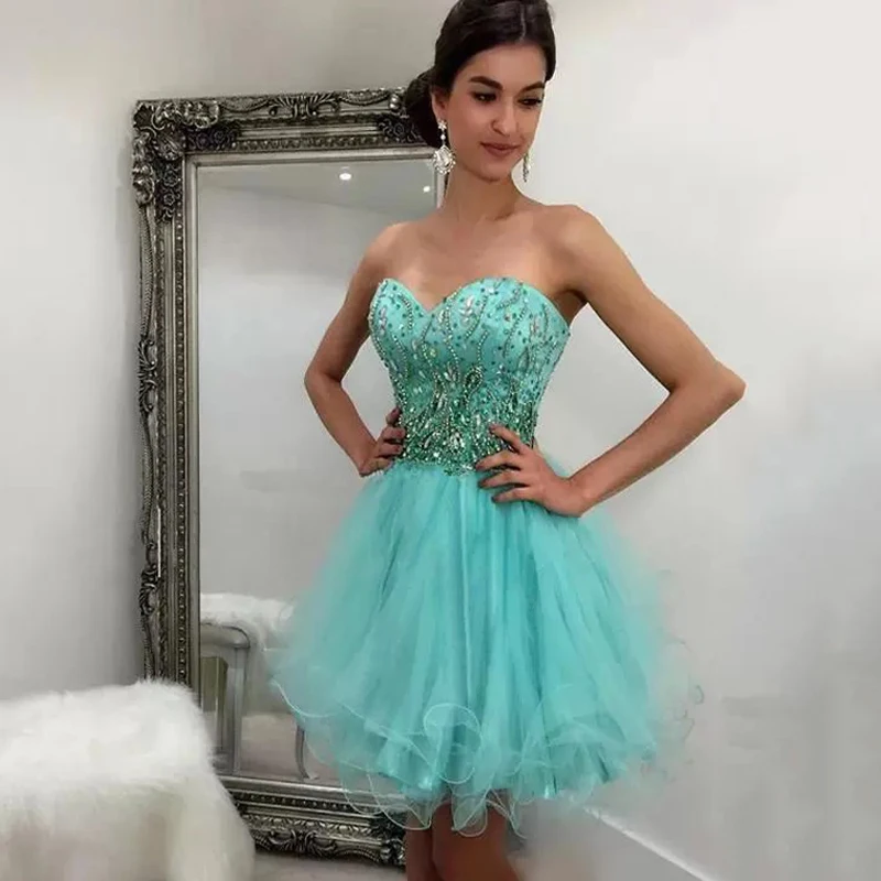 ANGELSBRIDEP สั้น Mint สีเขียว Homecoming พรหมชุดลูกปัดคริสตัล Bodice Tulle Ruffles กระโปรงมินิชุดค็อกเทลอย่างเป็นทางการ