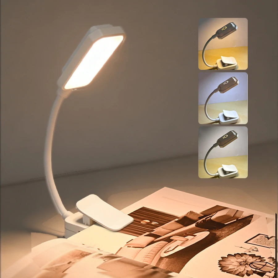 LED Table Lamp Clip-On Book Light Portable Reading Light Rechargeable 3 Colors Eye Protection Dimmable Mini Bedside Desk Lamp