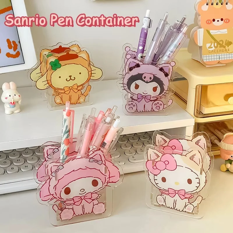 Anime Sanrio Kuromi Pen Container Cute Hello Kitty Cinnamoroll Pencil Storage Pen Holder Acrylic Stationery Desktop Ornament