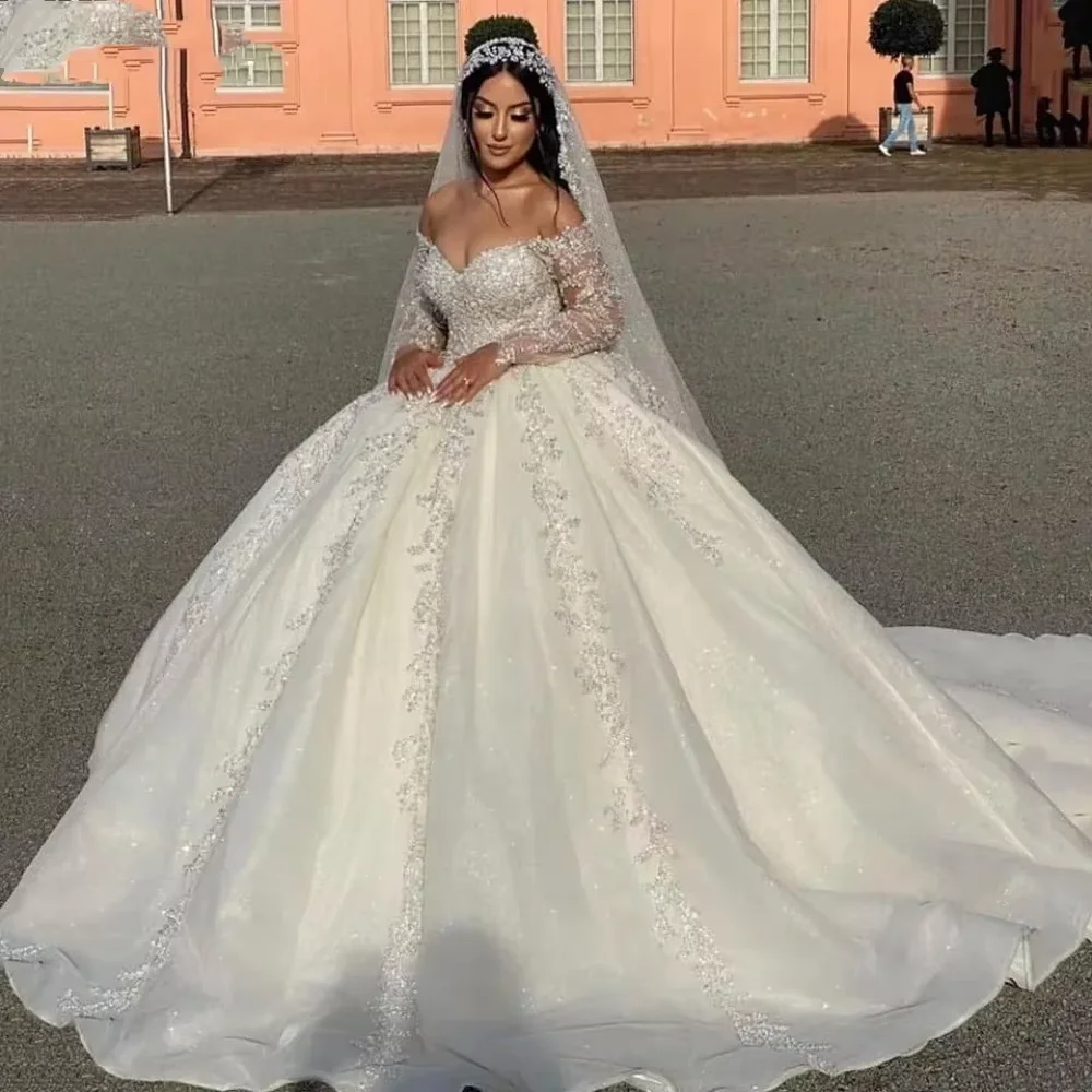 

Luxurious Sparkling Off Shoulder Wedding Dress Sexy V-neck Ball Bride Dress A-line Long Sleeve Wedding Dress Customization