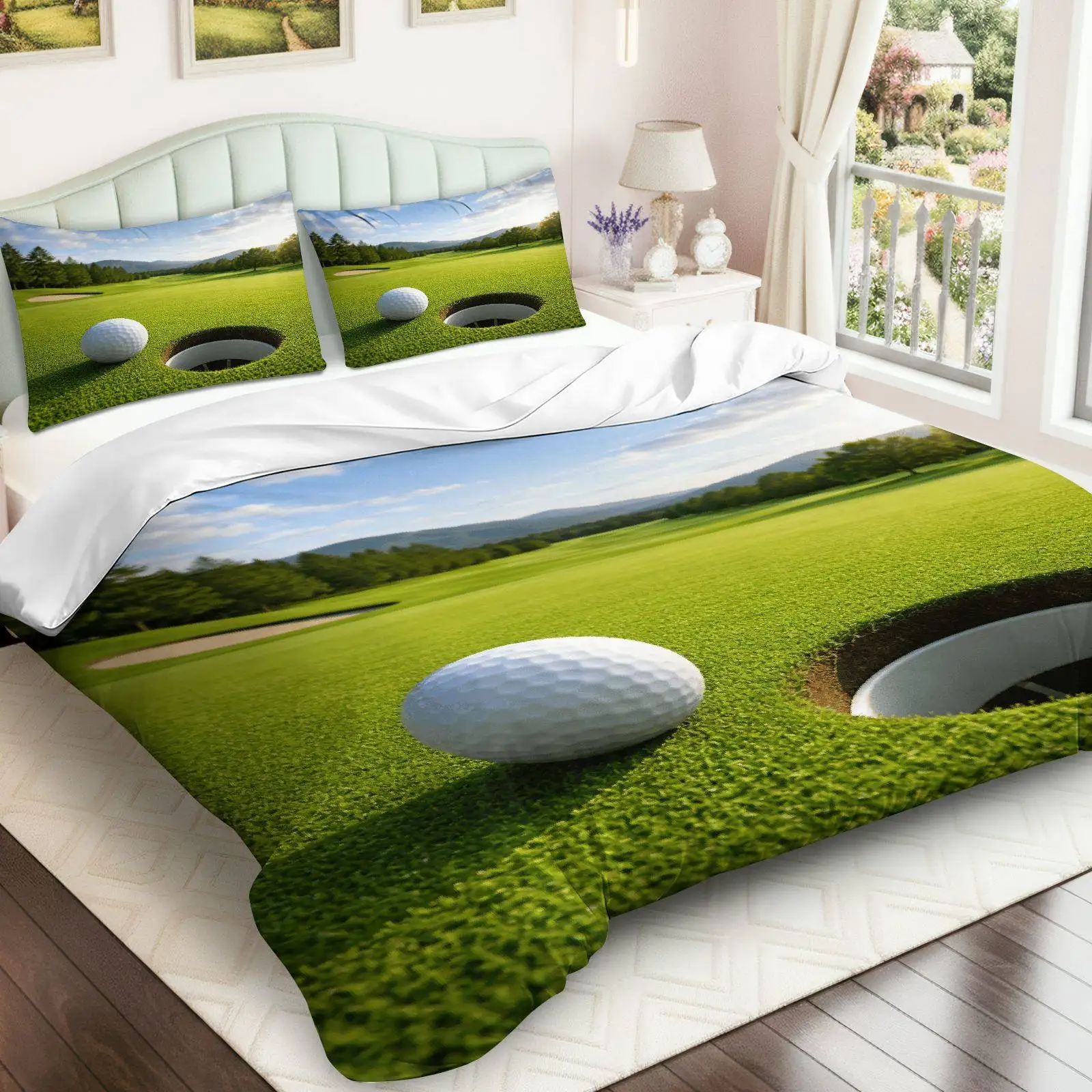 Customize 3pcs Duvet Cover Set, 1 Duvet+2 Pillowcases( Without Filler), Golf Course Scenic Sport Leisure Relaxation Theme, Fathe