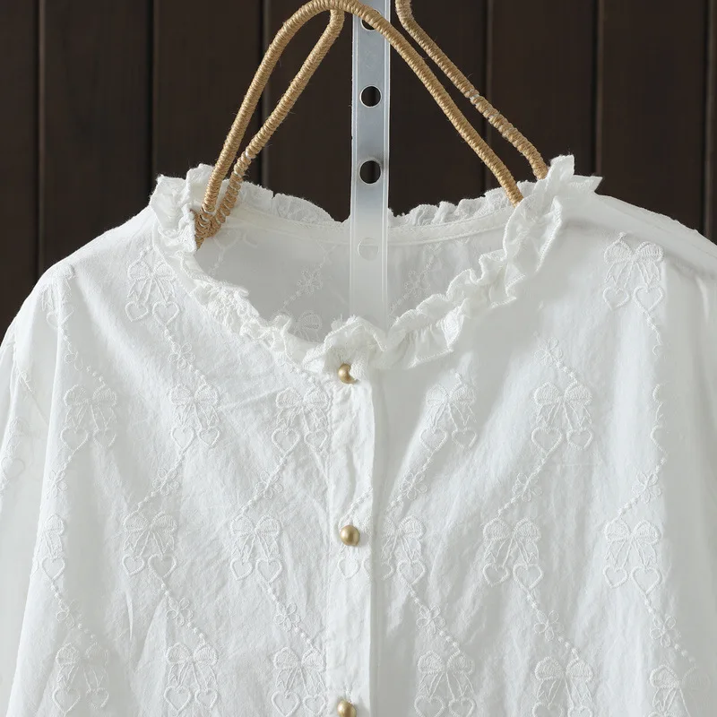 [สินค้าพร้อมส่ง] เสื้อผู้หญิงคุณภาพสูง ผ้าฝ้ายแท้ 100% เสื้อเชิ้ตคอตั้ง แต่งลูกไม้ ปักลายแจ็คการ์ด เสื้อคลุมคาร์ดิแกน