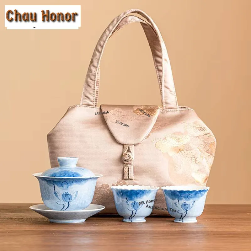 Hand-painted Lotus art Gaiwan Tea Set Kit Antique Teapot and Tea Cup Set 1 Pot 2 Cups Tea Maker Outdoor Portable Organizer Bag