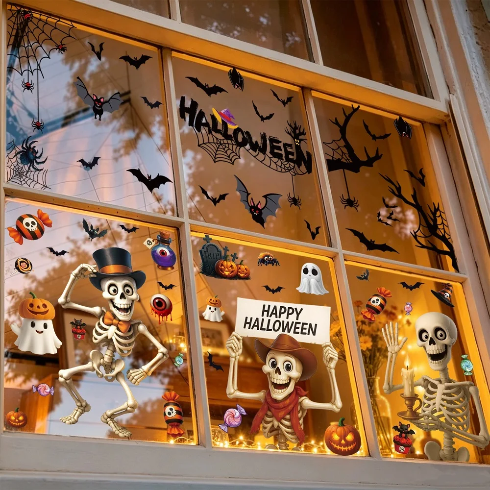 Halloween Stickers Skeletons Bats Spiders Window Stickers Glass Stickers Halloween Decoration for Home Shopping Mall Showcase