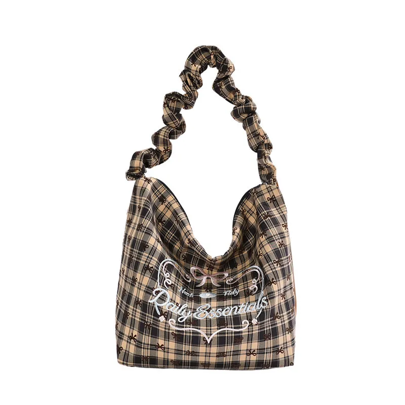 Korean-style retro plaid canvas tote bag for women2026New autumn/winter large-capacity commuter and student shoulder bag