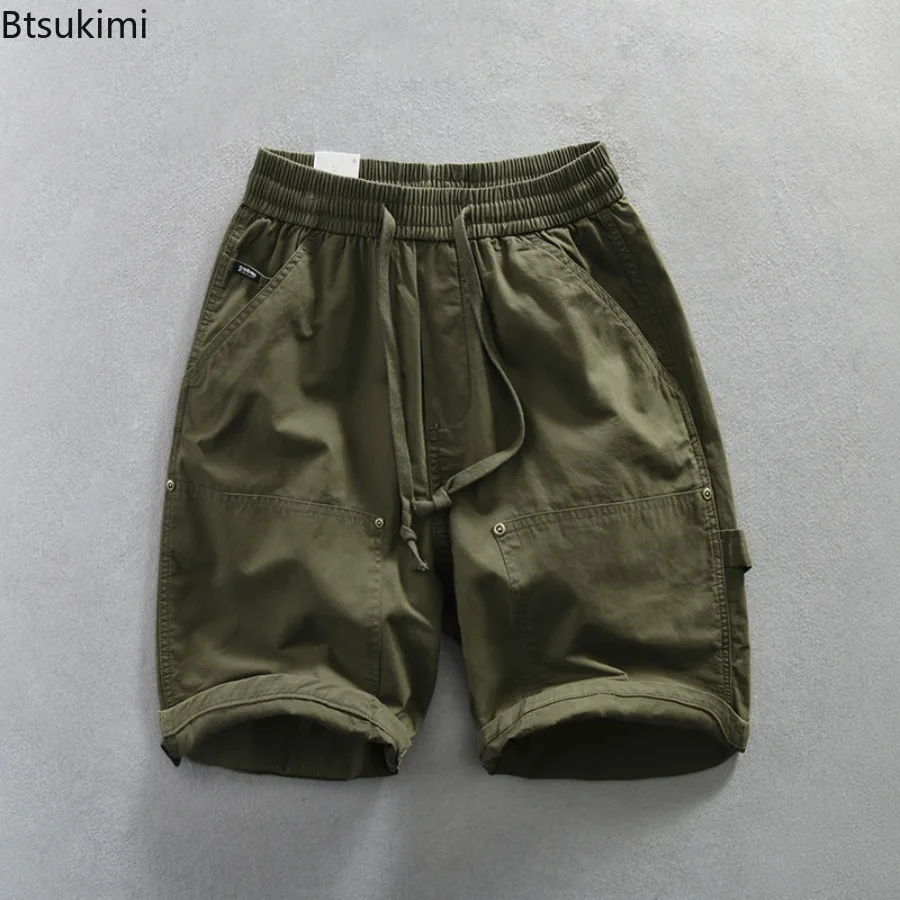 Summer New Men's Cargo Shorts 100% Cotton Elasticated Waist Casual Drawstring Straight Shorts Retro Big Pockets Baggy Pants Male