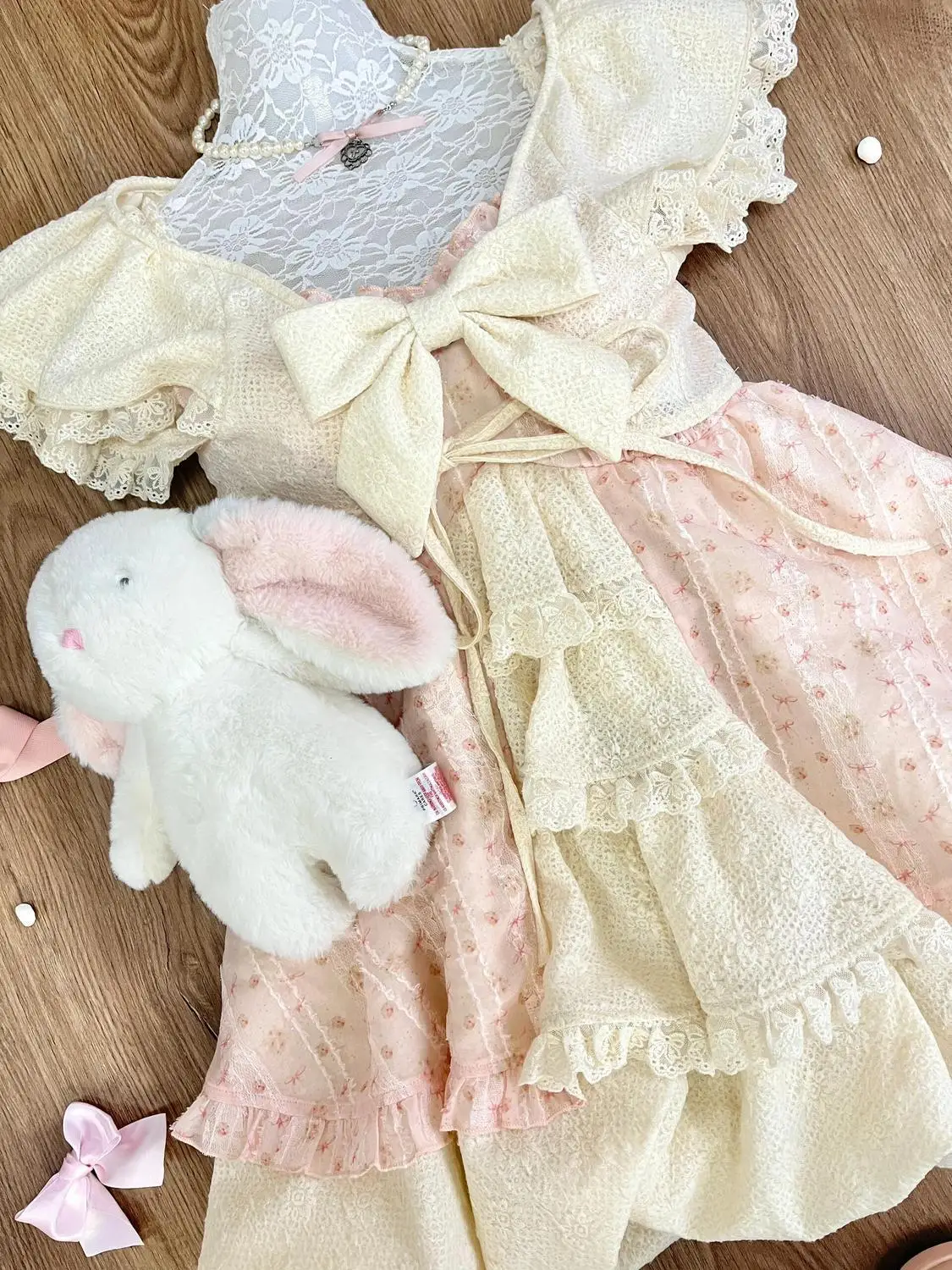 Doce lolita arco vestido de renda feminino manga puff plissado saia em camadas estilo princesa vintage cottagecore fairycore kawaii outfits