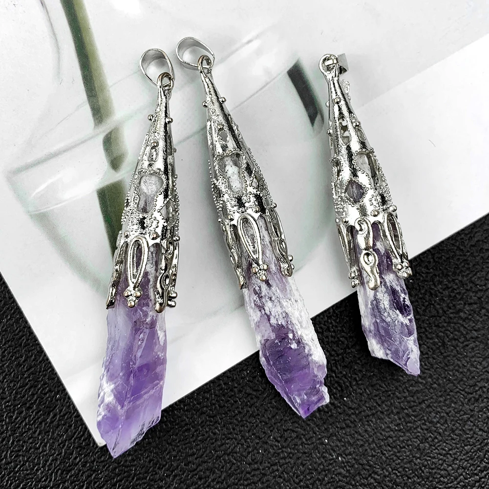 Natural Rough Prismatic Amethyst Quartz Stones Chakra Reiki Crystal Healing Jewelry Making Necklace Alloy Wrapping Pendants Gift