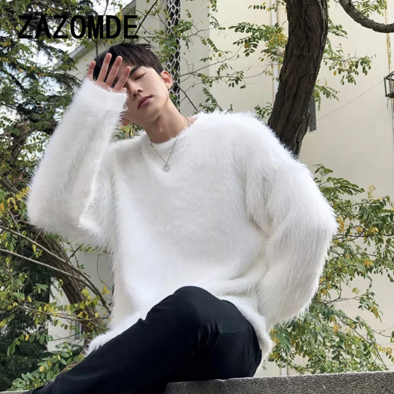 ZAZOMDE 2024 Men Autumn Winter New Oversize Solid Color Knitted Jumpers Male O-neck Sweater Tops Men Long Sleeve Warm Pullovers