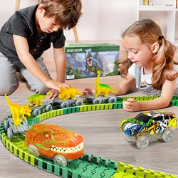 Ensemble de jouets de piste de train magique pour enfants, jouets de dinosaure, pliable, flexible, course, lumière flash, voiture, cadeau