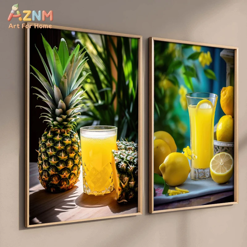 AZNM Fresh Fruit Vegetable Juice Photography Canvas Wall Art, Realistic Orange Lemon Carrot Juice Print, Frameless Healthy Drink