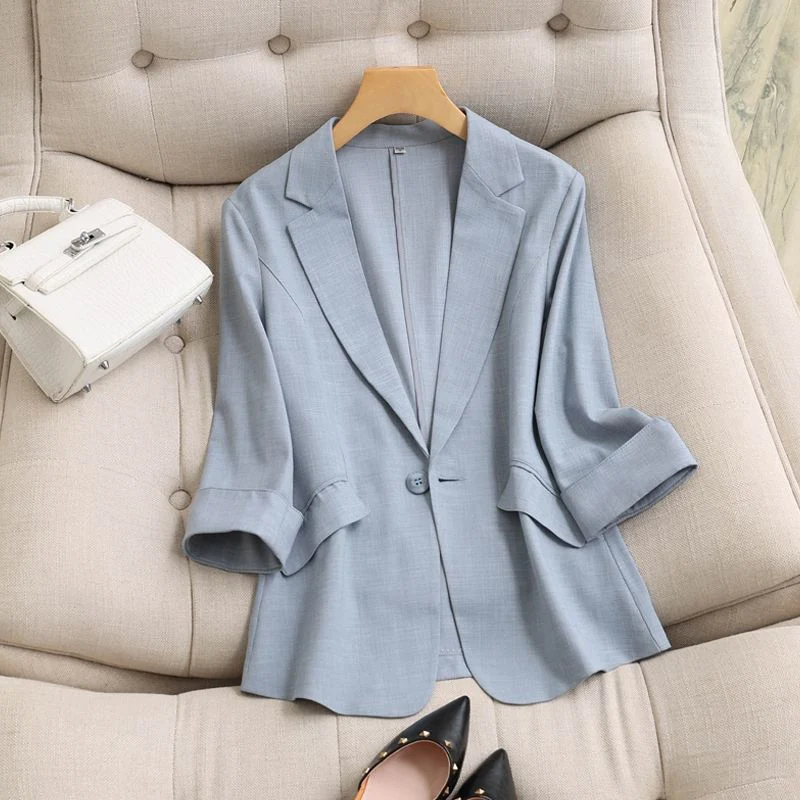 Women Thin Fit Solid Blazer Fall Single Button Loose Notched Suit Jacket Fashion Casual Pockets Straight Formal Office Lady Coat