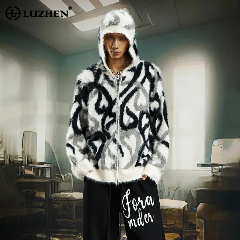 

LUZHEN оригинальный индивидуальный узор с принтом, вязаный кардиган с капюшоном, мужской и женский уличный свитер, модный повседневный свитер JY5003