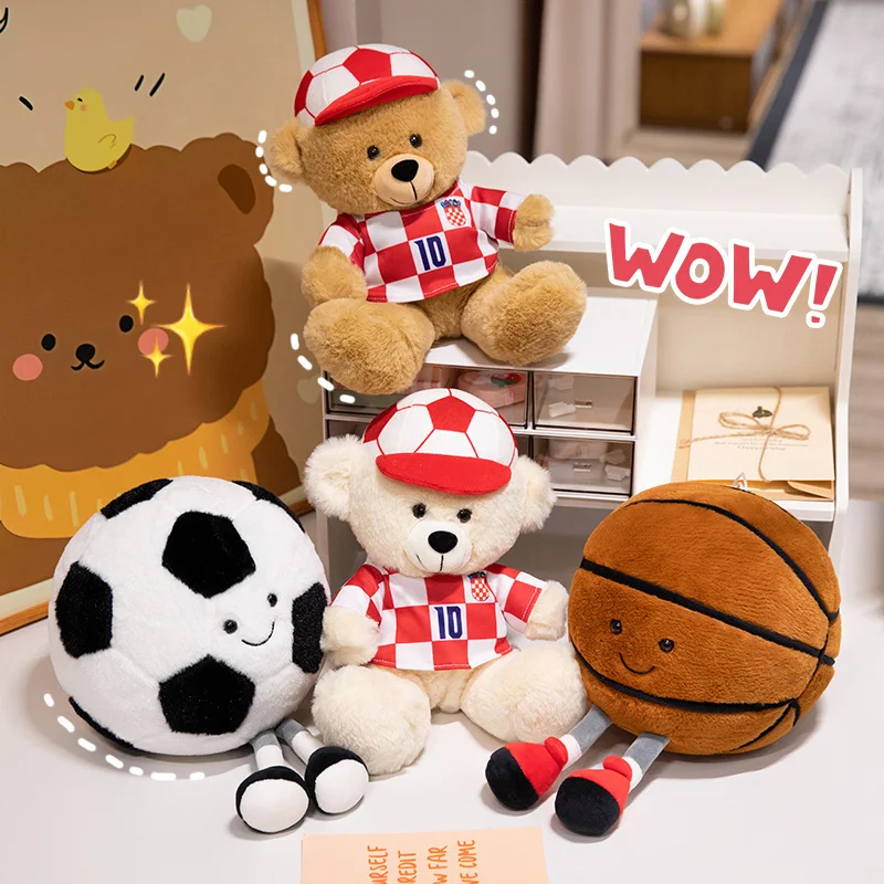 Kawaii esporte camisa urso boneca plushies bonito futebol plushie travesseiro macio bola de pelúcia macio crianças brinquedos para meninos presente casa deco