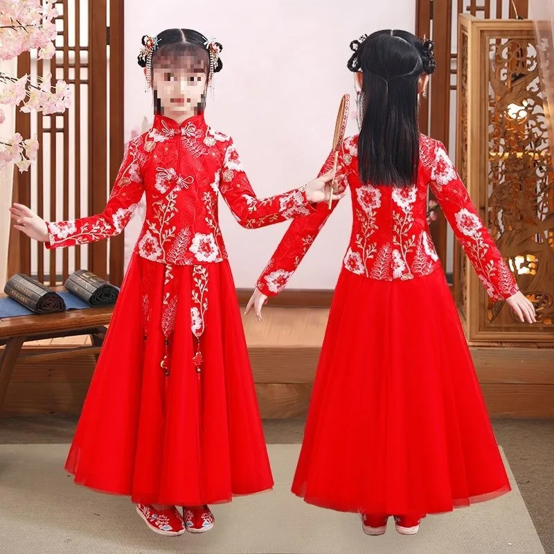 Hanfu-style fairy dress for girls, super fairy-like dress for elementary school children, fleece-lined set, girls' cheongsam, au
