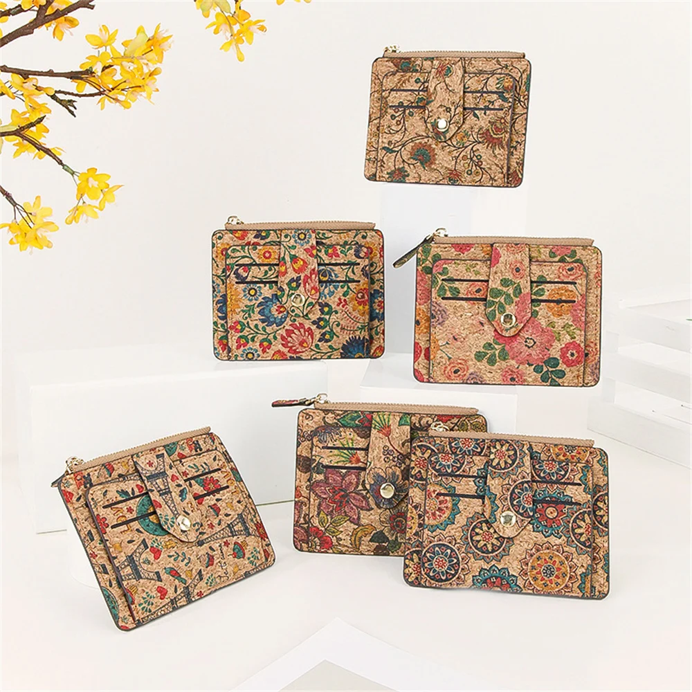 

Vintage Cork Leather Card Holder Men Women Multi-Slot Card Case Floral 10 Positions Hasp Short Wallet Zipper Pocket Coin Purse