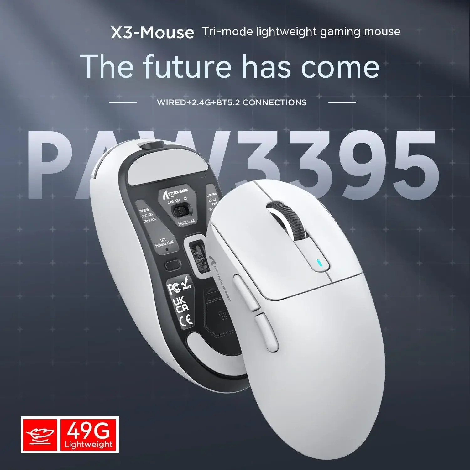 Imagem -03 - Leve Bluetooth Gamer Mouse Tubarão de Ataque x3 3-mode 2.4g sem Fio pc Acessórios para Laptop Presente para Jogos Paw3395