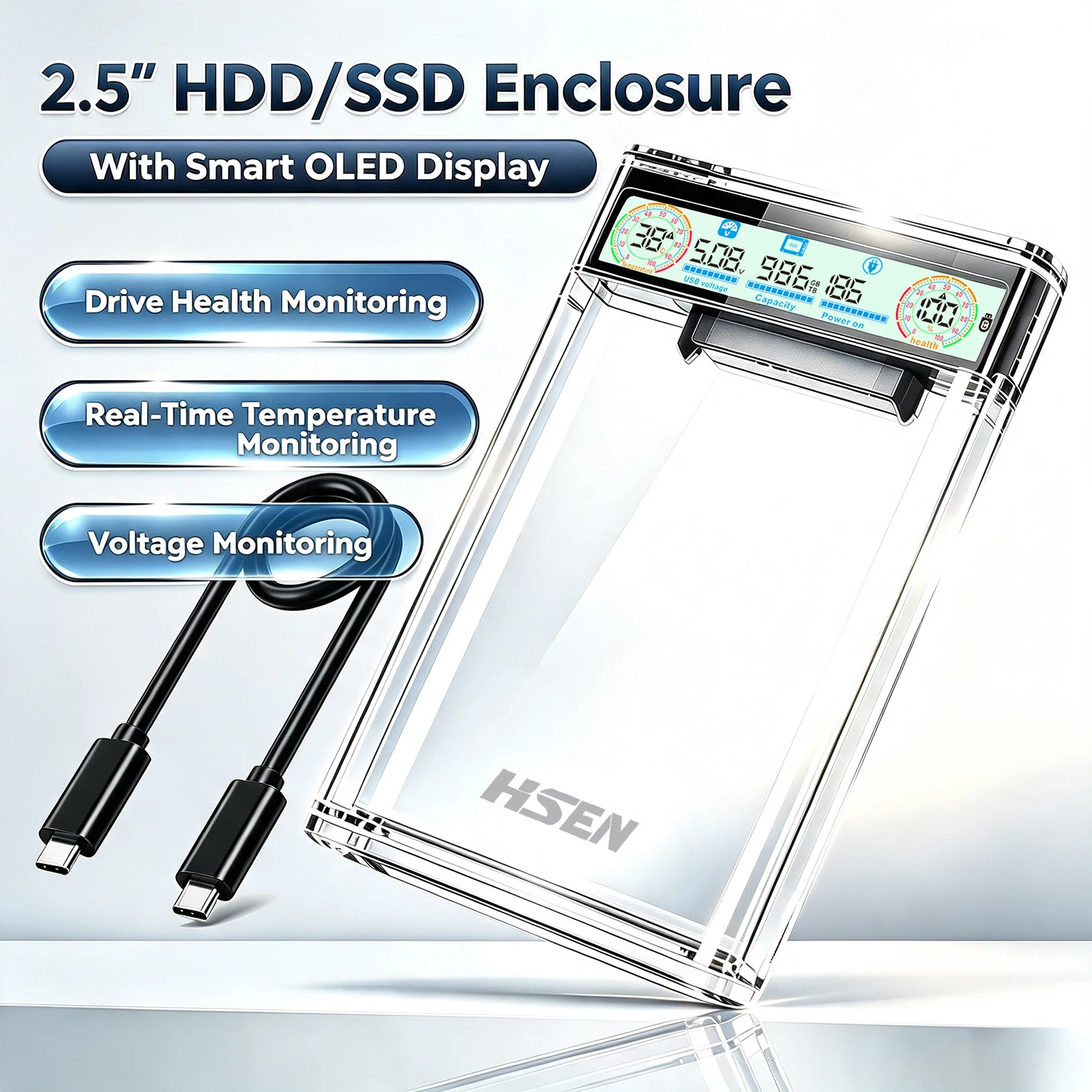 Portable Ssd Enclosure - USB3.2 2.5インチ SATA HDD SSD エンクロージャー、スマートディスプレイ搭載の透明ポータブル外付けハードドライブケース、リアルタイムデータモニタリング機能付き