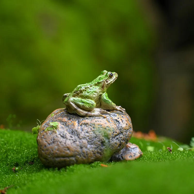 Realistic Lifelike Green Frog On Stone Statue Micro Landscape Ornament Garden Water Feature Bonsai Decor Creative Gift For Yard