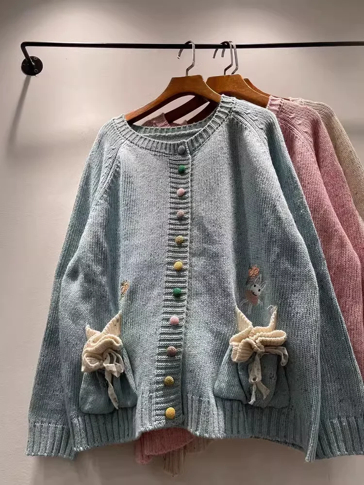 Mori Kei Sweet Knitting Cardigan Coat Women Autumn Winter Japan Mori Girl Pink Blue Single Breasted Long Sleeve Sweater