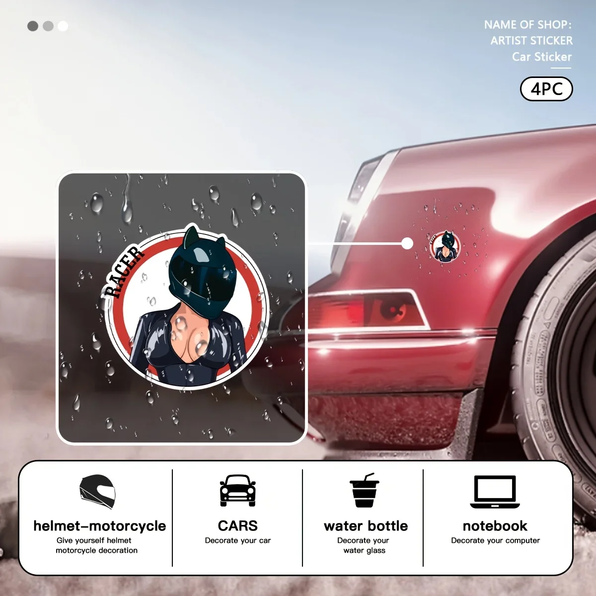 4PCS/SET Trendy RACER Vinyl Decal - Feminine Edgy Aesthetic for Motorcycle Helmets/Laptop/Phone/Water Bottle