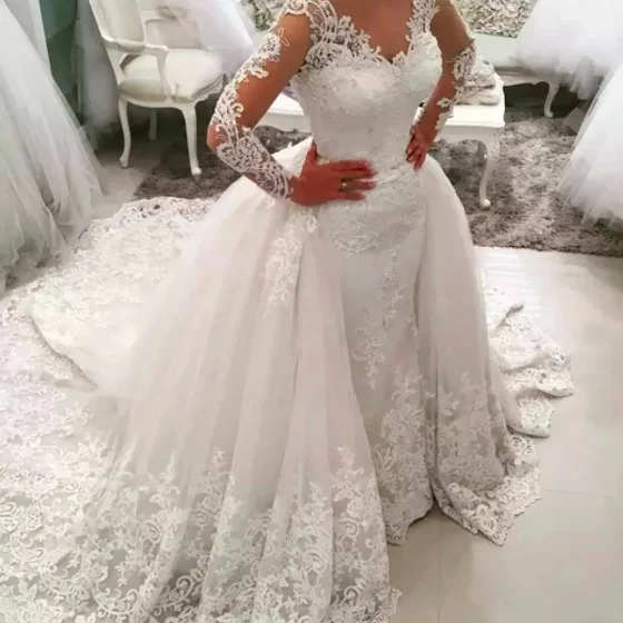 Vestidos de casamento elegantes para mulheres, mangas compridas, Lace Puffy Biral Robe, Overskirt removível, Personalizar Robe