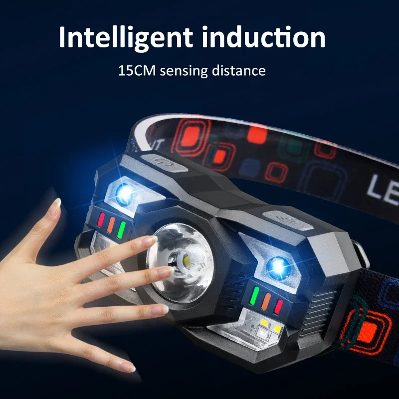 Most Powerful LED Headlamp Induction Type-C USB Charging Headlight Waterproof Head Lamp Lightweight Upgrade-LED Head Flashlight