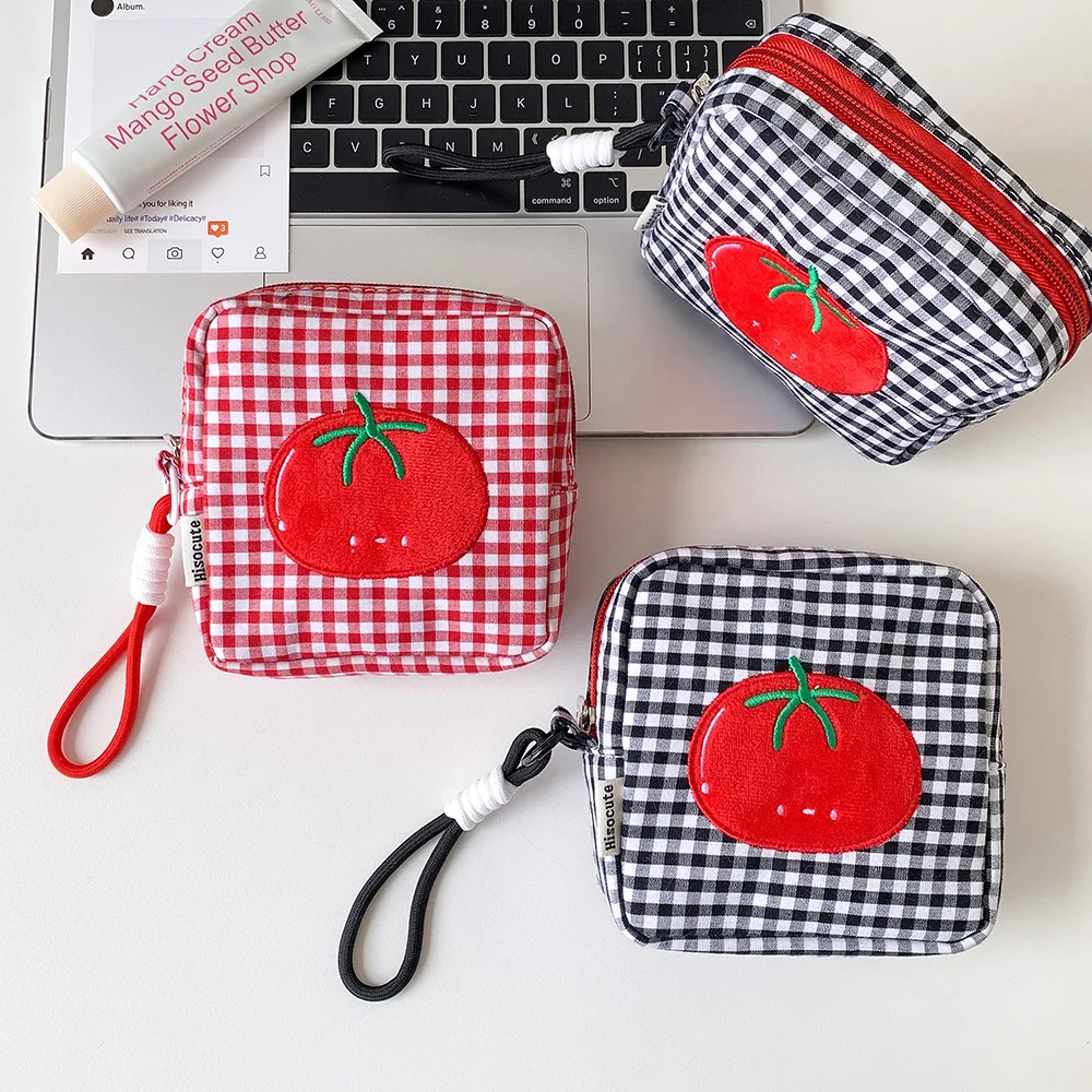 Korean Style Tomato Plaid Makeup Bag Sanitary Napkin Storage Pouch for Students High Appearance Lipstick Earphone Organizer Bag
