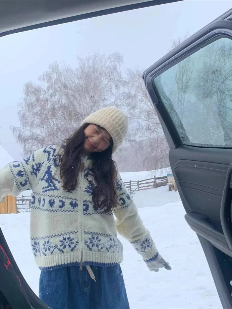 Nordique rétro Fair Isle Cisas arbre tricoté pull ample femmes Cardigan manteau automne hiver Faion décontracté Sle