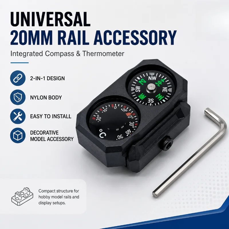 Hobby Model Accessory Nylon Dual‑Dial Compass Thermometer Universal 20‑22MM Rail Mount with Hex Key