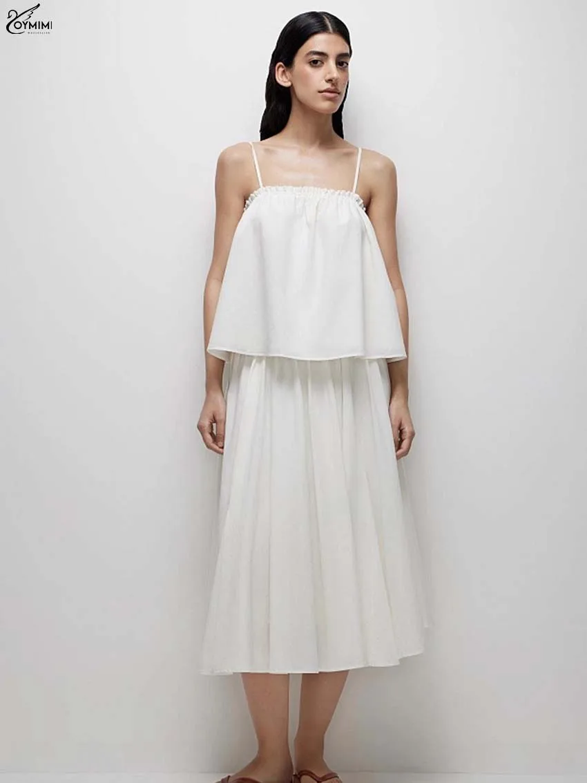 

Oymimi Fashion White Cotton Woman 2 Piece Set Outfit Elegant Spaghetti Strap Open Back Loose Tops + Pleated Mid-Calf Skirts Sets