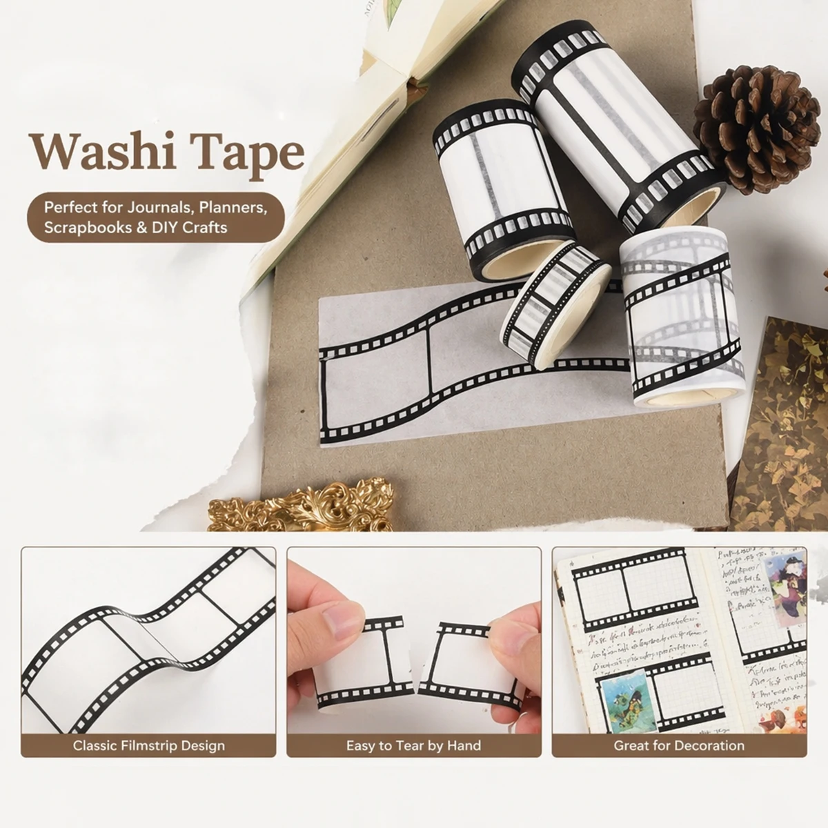 4Pcs Black White Film Washi Tape Retro Movie Frame Party Decor for DIY Craft Scrapbooking Journaling Art Supply School