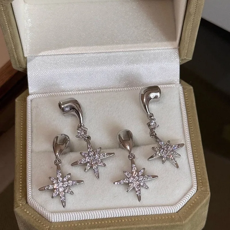 925 Silver Needle Eight-Pointed Star Earrings, Light Luxury niche High-End Style, Ultra-Shiny Zircon Star Earrings
