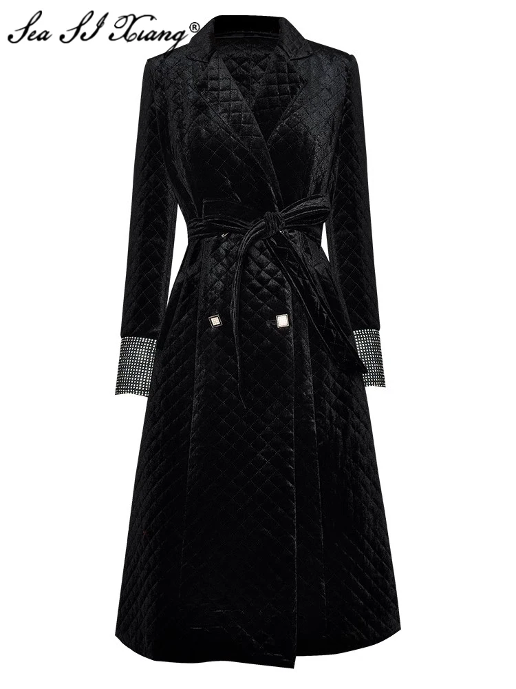 Seasixiang Beading Double Breasted Coat For Women Crystal Long Sleeves Pockets Lace-up Vintage Outerwear Autumn Winter Female