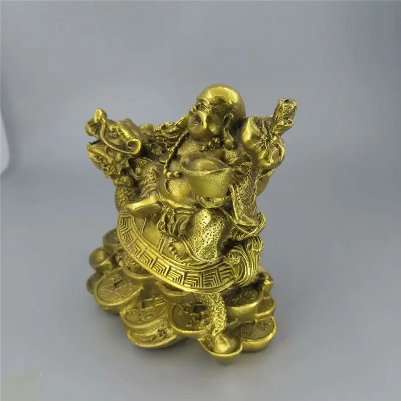 Chinese Copper Wealth Money Happy Laugh Maitreya Buddha On Dragon Turtle Statue