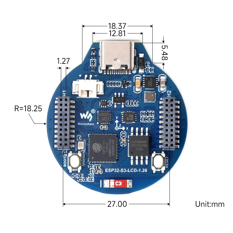 บอร์ดพัฒนา ESP32-S3, โปรเซสเซอร์แบบดูอัลคอร์ 32 บิต LX7, รวมชิปไดรเวอร์จอแสดงผล GC9A01, พร้อมจอ LCD ทรงกลม IPS ขนาด 1.28 นิ้ว