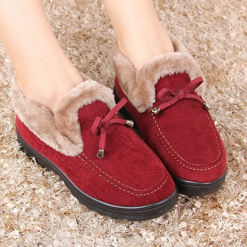 Zapatos planos de piel para mujer, mocasines de algodón antideslizantes, botas de nieve cálidas, zapatillas de felpa sin cordones, zapatos de