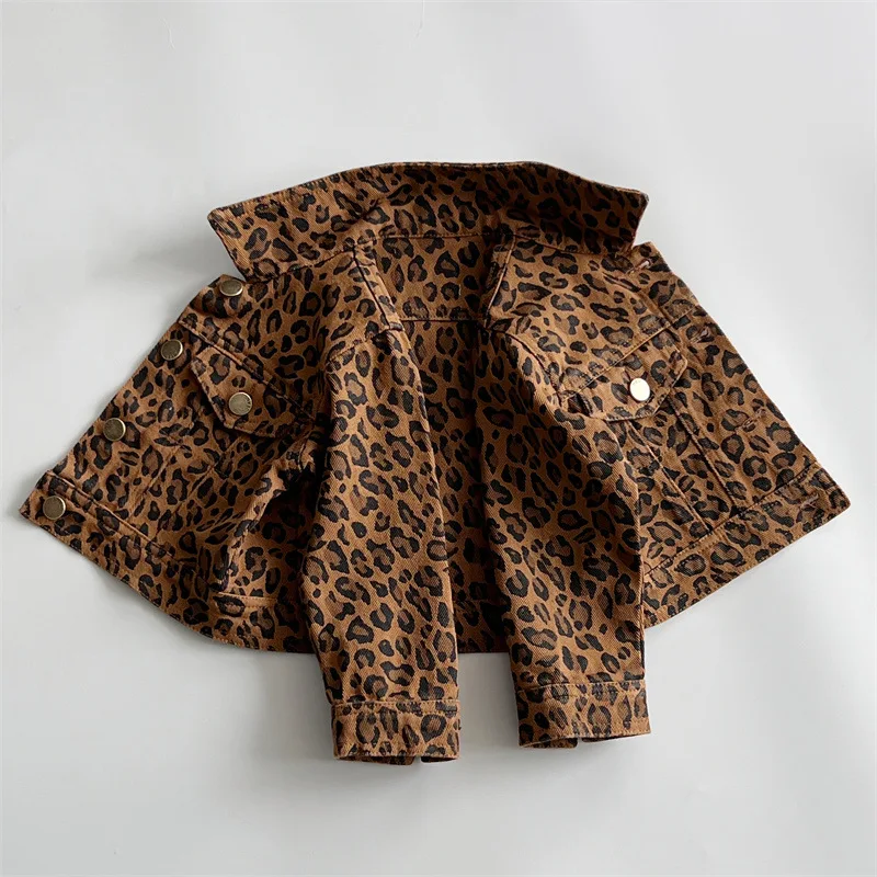 Japanese Medieval Children\'s Clothing Children\'s Leopard Print Jacket Trendy Version Denim Top Baby Girl Clothes  Winter Jacket